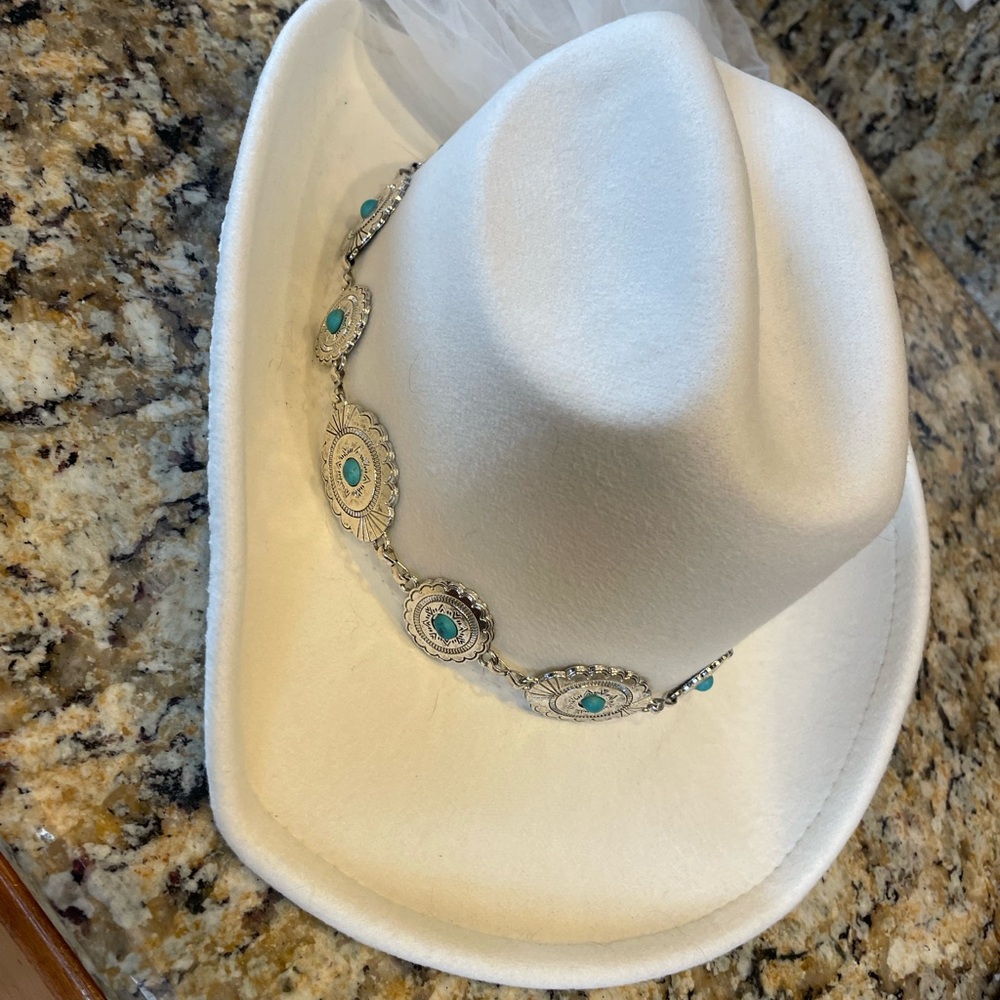 White Cowboy Hat with Silver and Turquoise Accents